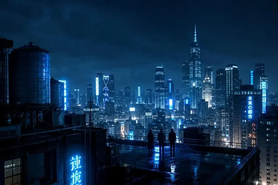 都市夜景天台：冰蓝霓虹下望向城市天际线的三个人影
