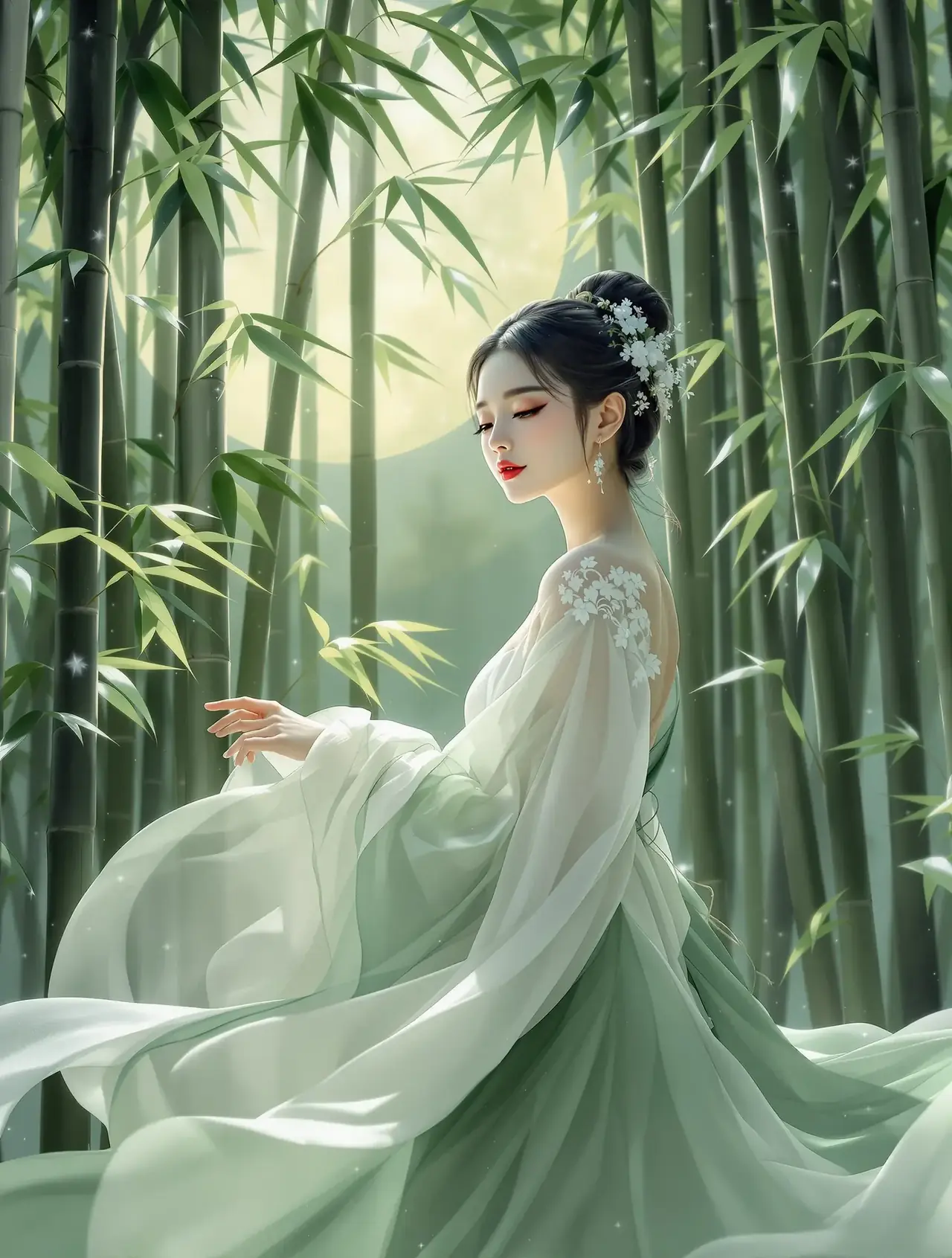 穿书后我成了反派白月光封面：月下书页纷飞的水蓝汉服少女