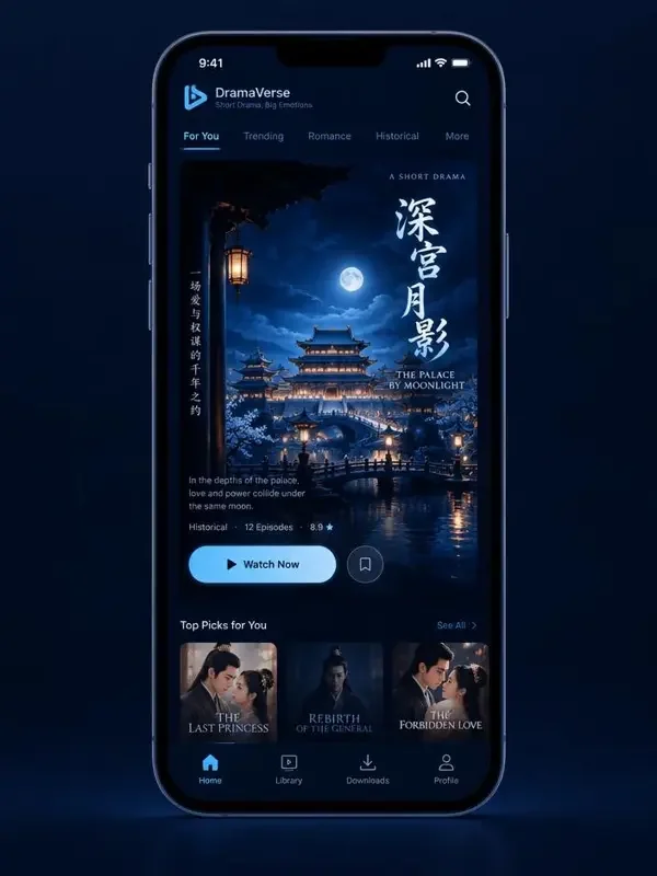 黄果短剧 APP 竖屏界面：夜色古装短剧与冰蓝按钮