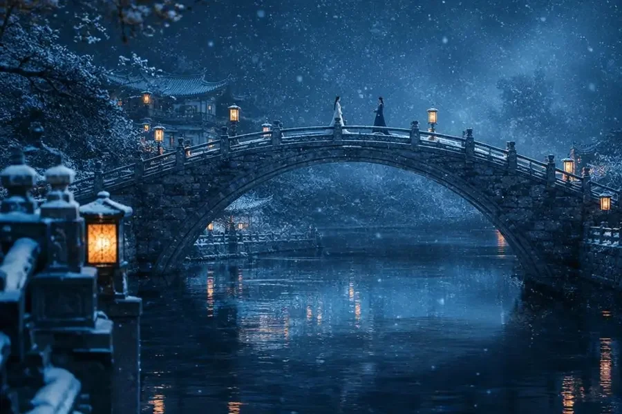 长安灯火照归人剧照：雪夜古桥上提灯相望的两人