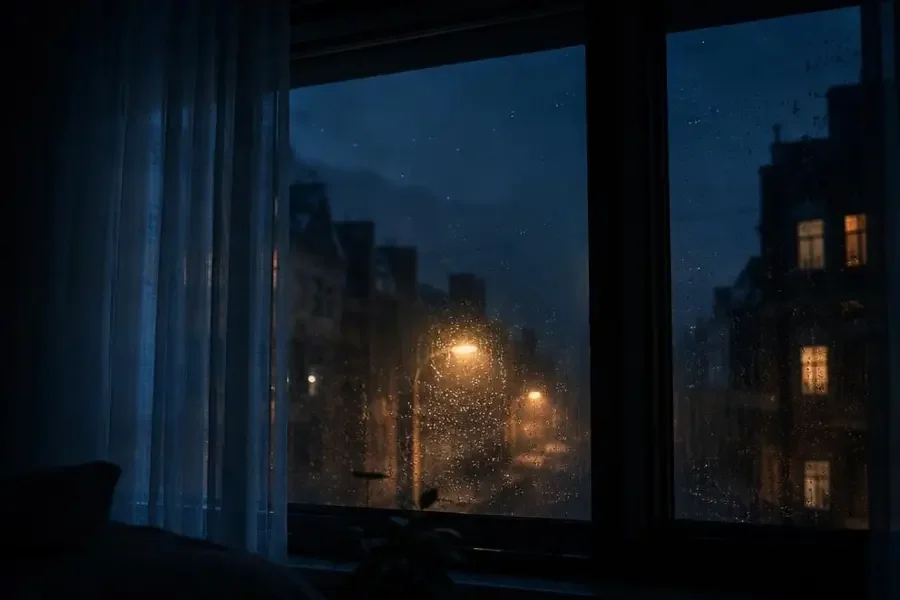 重启人生三十天剧照：窗边独坐的人与深蓝城市夜景