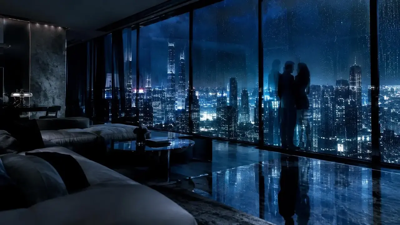 闪婚老公是首富横版剧照：落地窗前的城市夜景与情侣倒影